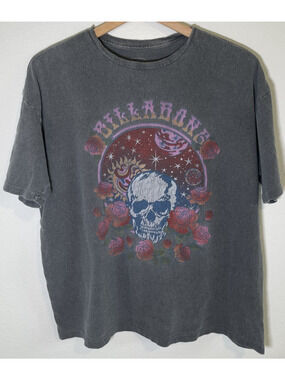 Billabong Skull And Rose Distressed Graphic T-Shirt Gray - S
